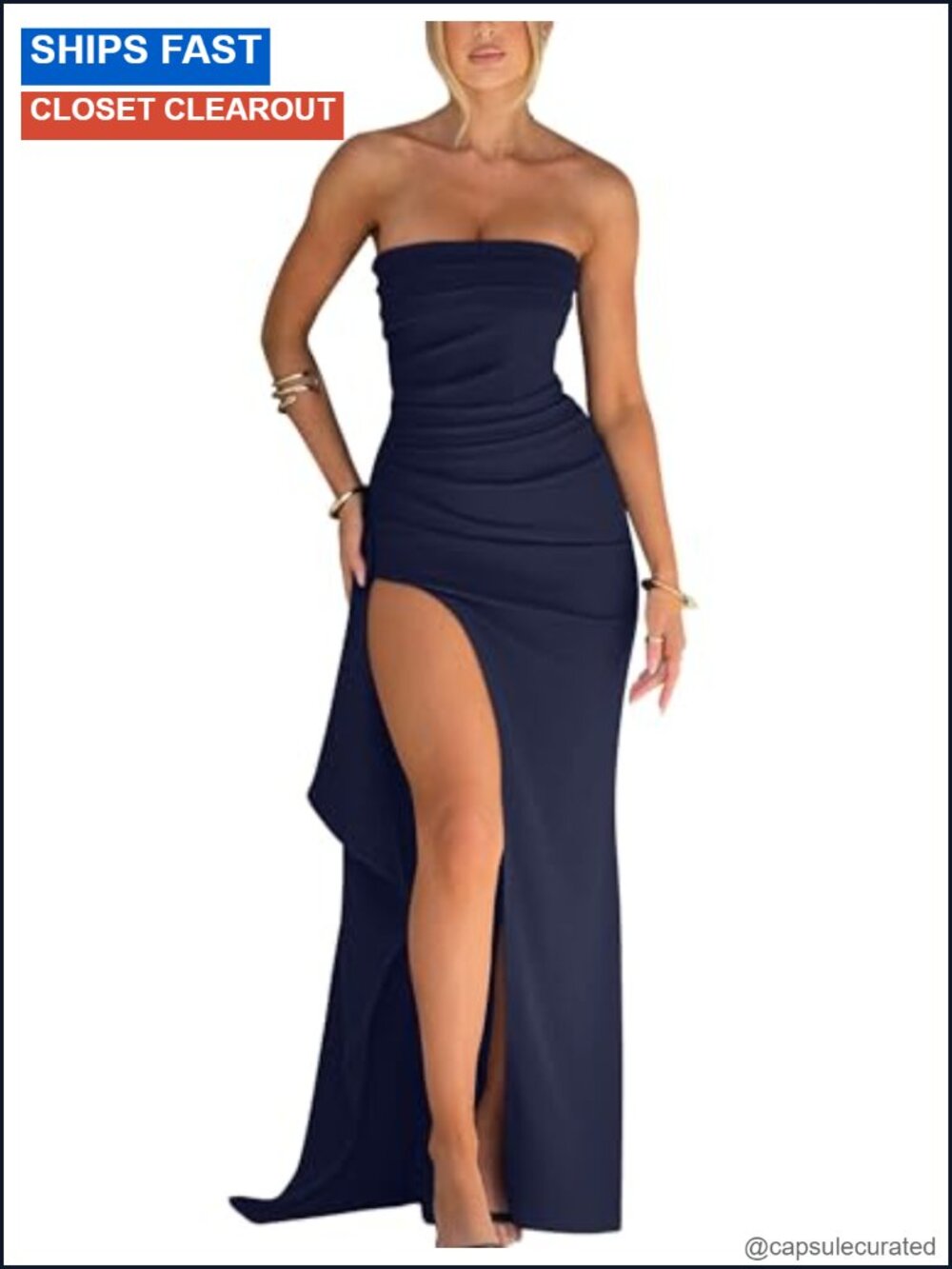 Strapless Bodycon Ruched Split Long Evening Gown Formal Dress